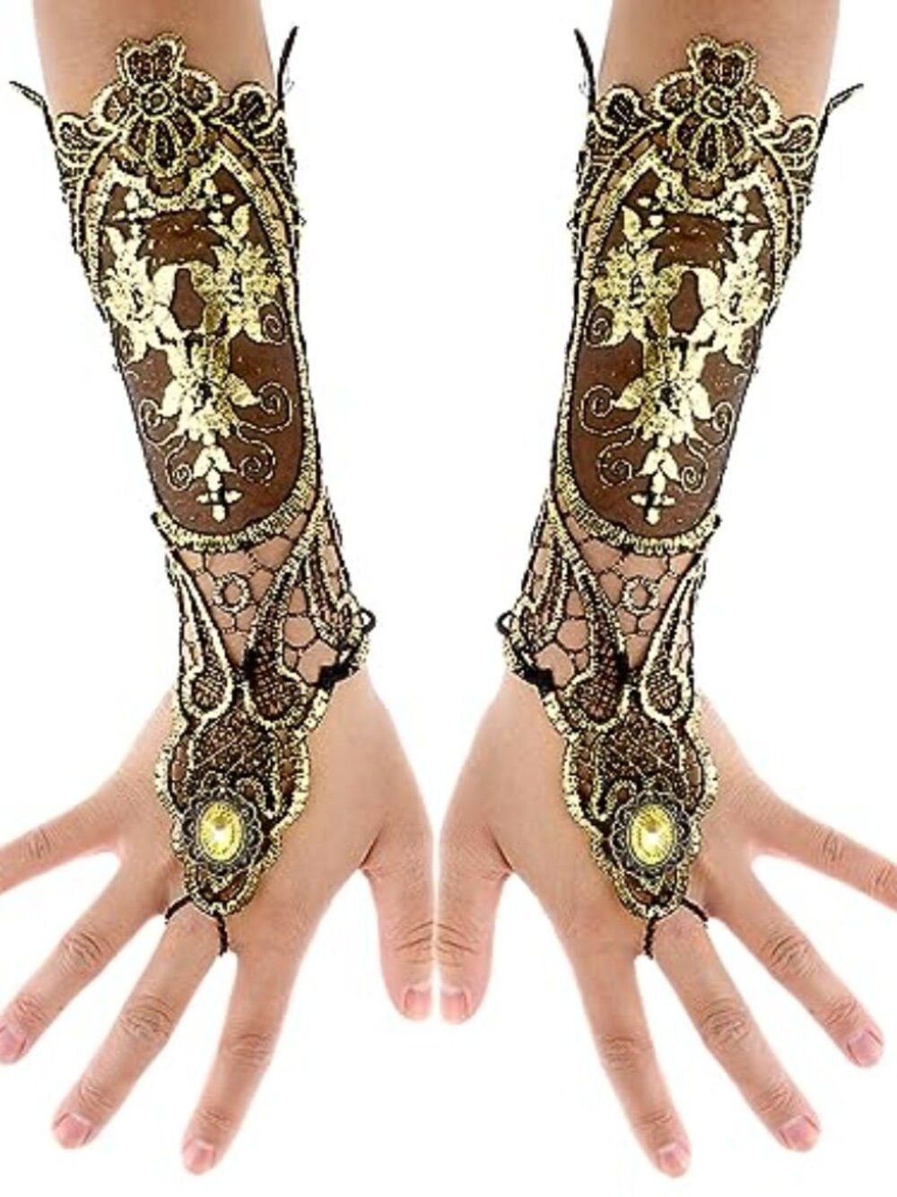 Bronzing Gold Steampunk Gothic Floral Lace Mesh Long Fingerless Gloves with Ring